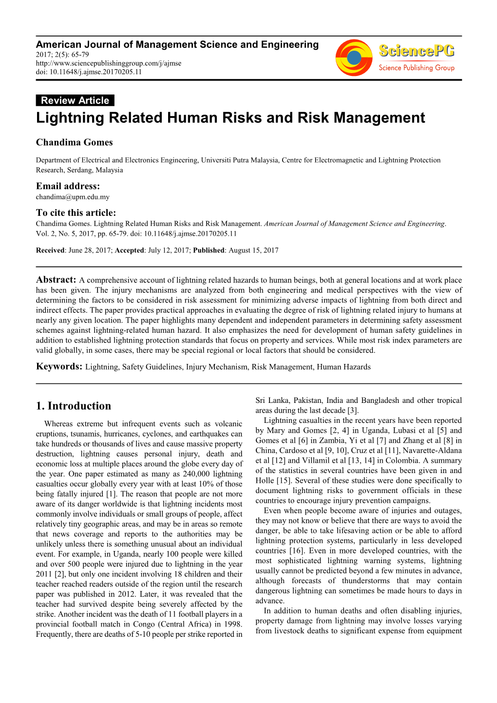 Lightning Related Human Risks and Risk Management