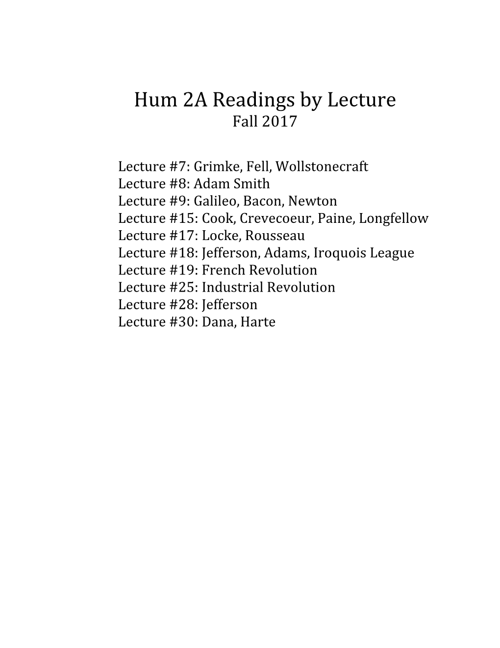 Hum 2A Readings by Lecture Fall 2017