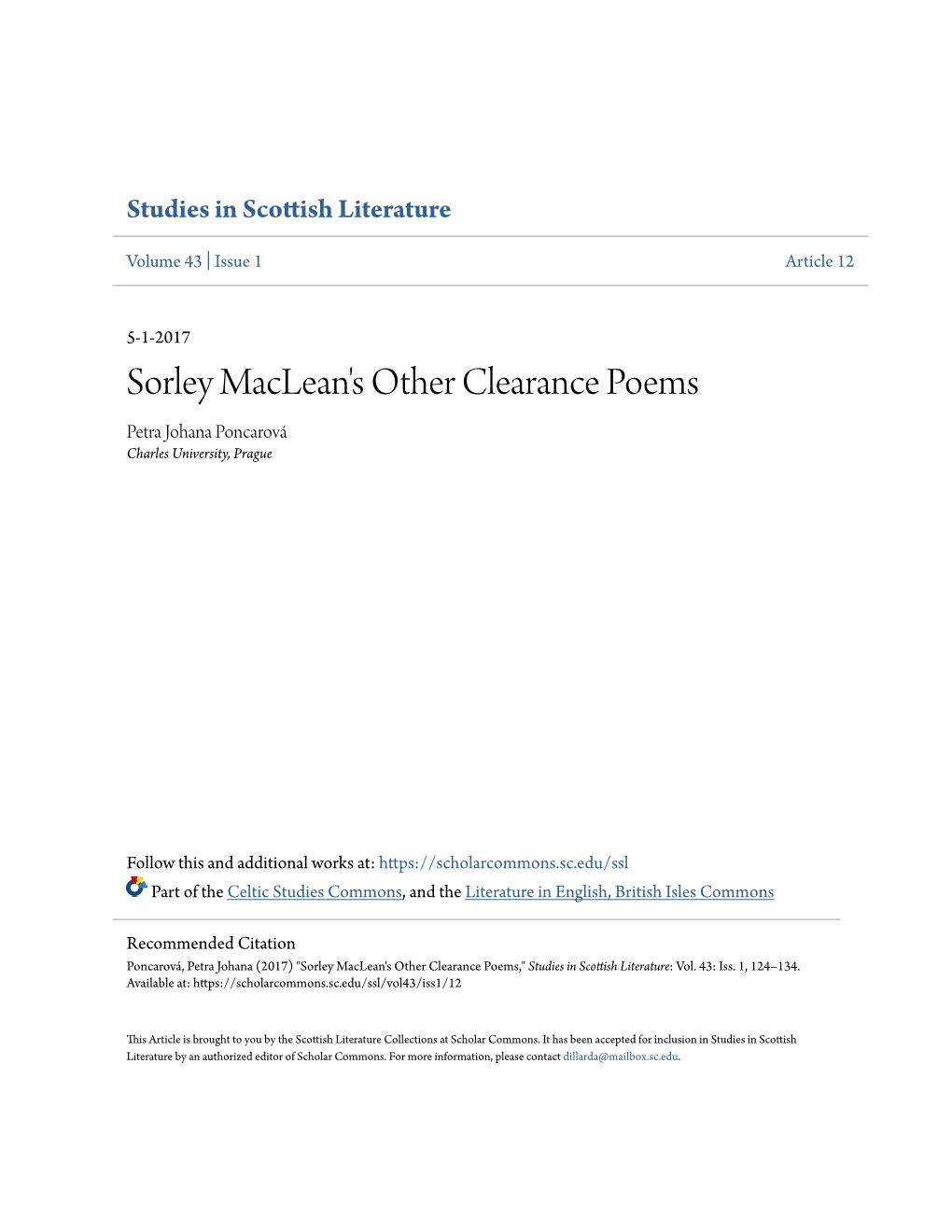 Sorley Maclean's Other Clearance Poems Petra Johana Poncarová Charles University, Prague