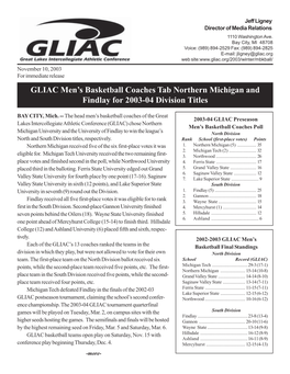 GLIAC Men's Basketball Coaches Tab Northern Michigan and Findlay For