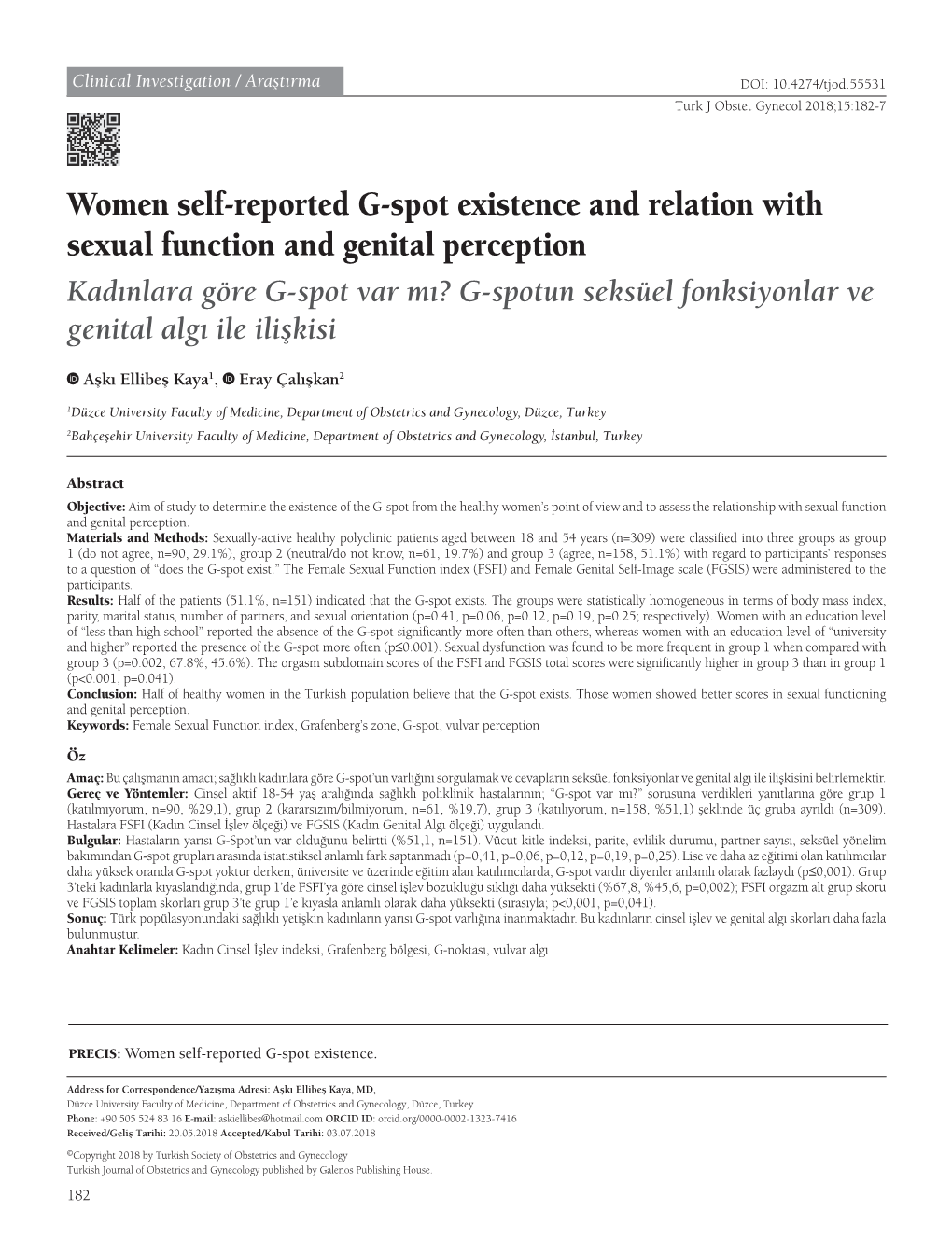 Women Self-Reported G-Spot Existence and Relation with Sexual Function