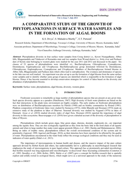 A Comparative Study of the Growth of Phytoplanktons in Surface Water Samples and in the Formation of Algal Booms