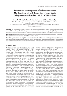 Taxonomical Rearrangements of Solenostomataceae (Marchantiophyta) with Description of a New Family Endogemmataceae Based on Trnl-F Cpdna Analysis