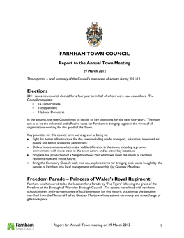 Draft Content of Report to Annual Town Meeting