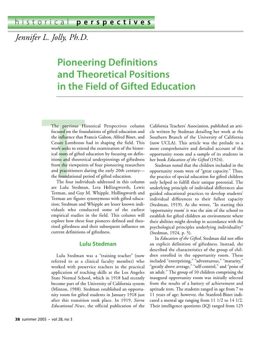 Pioneering Definitions and Theoretical Positions in the Field of Gifted Education
