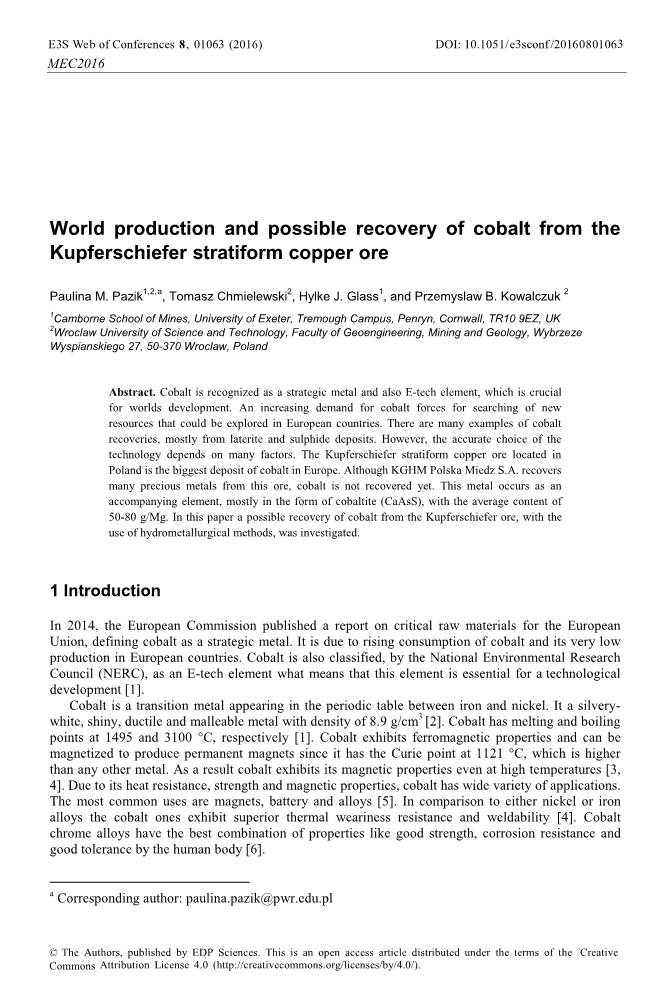 World Production and Possible Recovery of Cobalt from the Kupferschiefer Stratiform Copper Ore