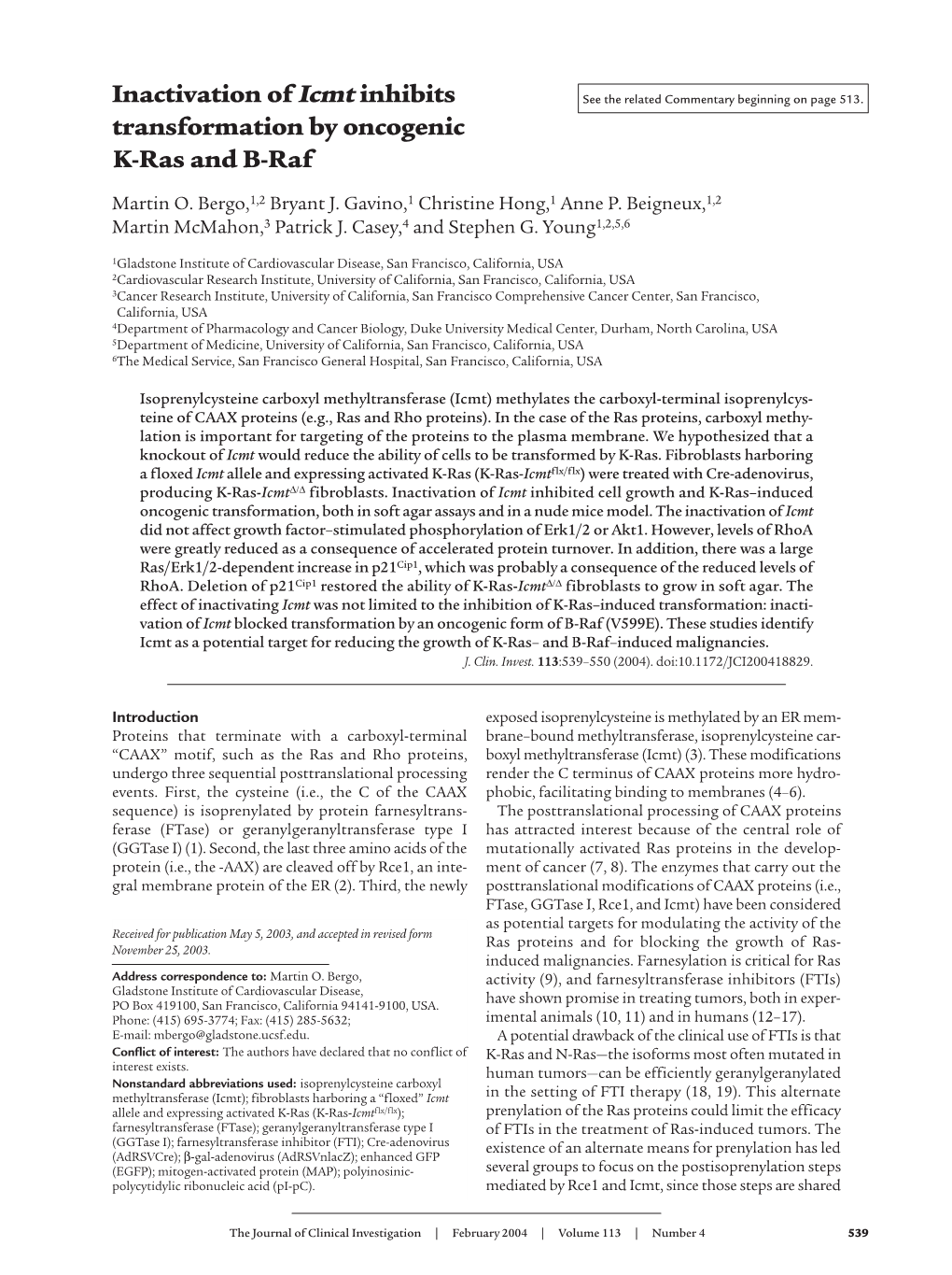 Inactivation of Icmt Inhibits Transformation by Oncogenic K-Ras