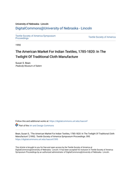 The American Market for Indian Textiles, 1785-1820: in the Twilight of Traditional Cloth Manufacture