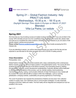 Spring 21 – Global Fashion Industry: Italy PRACT-UG 9200 Wednesdays, 15:30 P.M