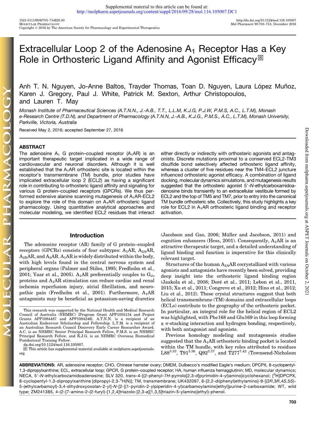 Extracellular Loop 2 of the Adenosine A1 Receptor Has a Key Role in Orthosteric Ligand Affinity and Agonist Efficacy S