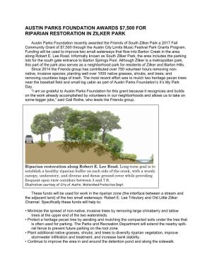 Austin Parks Foundation Awards $7,500 for Riparian Restoration in Zilker Park