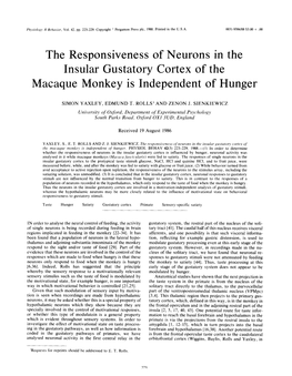 The Responsiveness of Neurons in the Insular Gustatory Cortex of the Macaque Monkey Is Independent of Hunger
