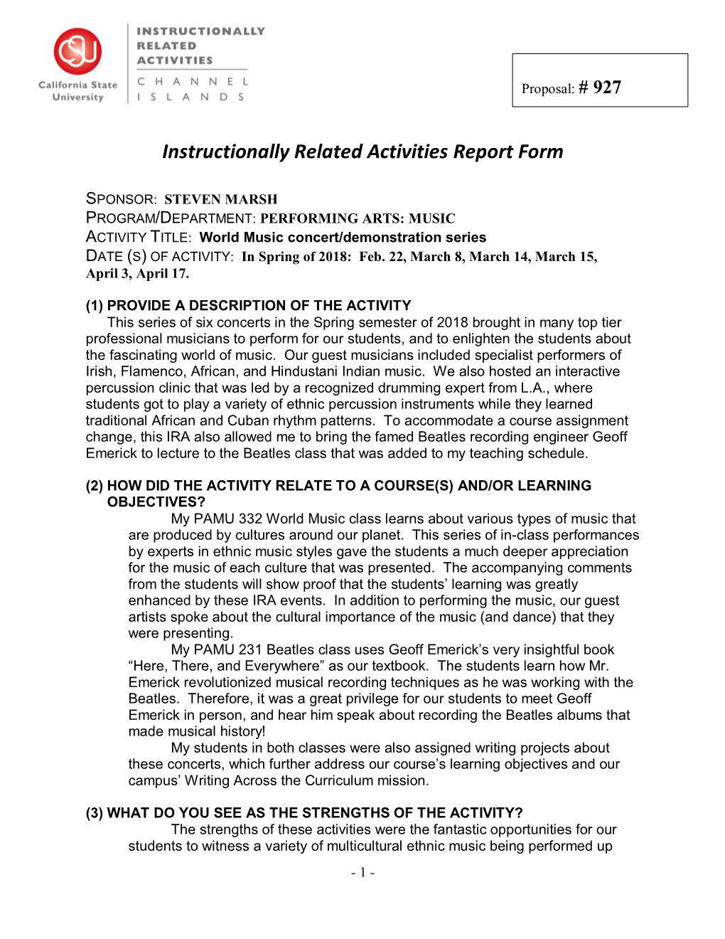 Instructionally Related Activities Report Form