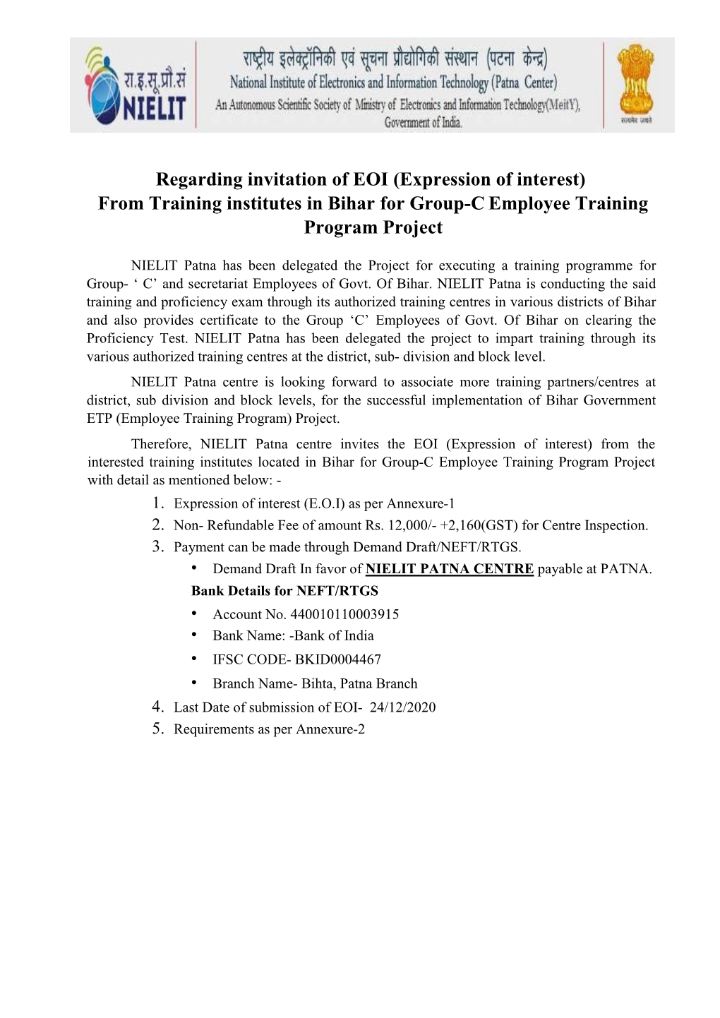 Invitation of EOI from Training Institutes in Bihar for Group 'C' Employee