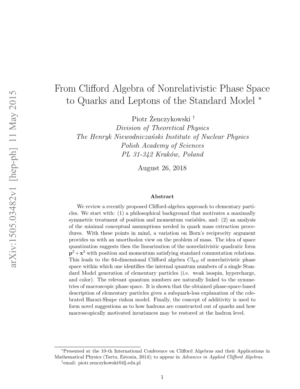 From Clifford Algebra of Nonrelativistic Phase Space to Quarks And