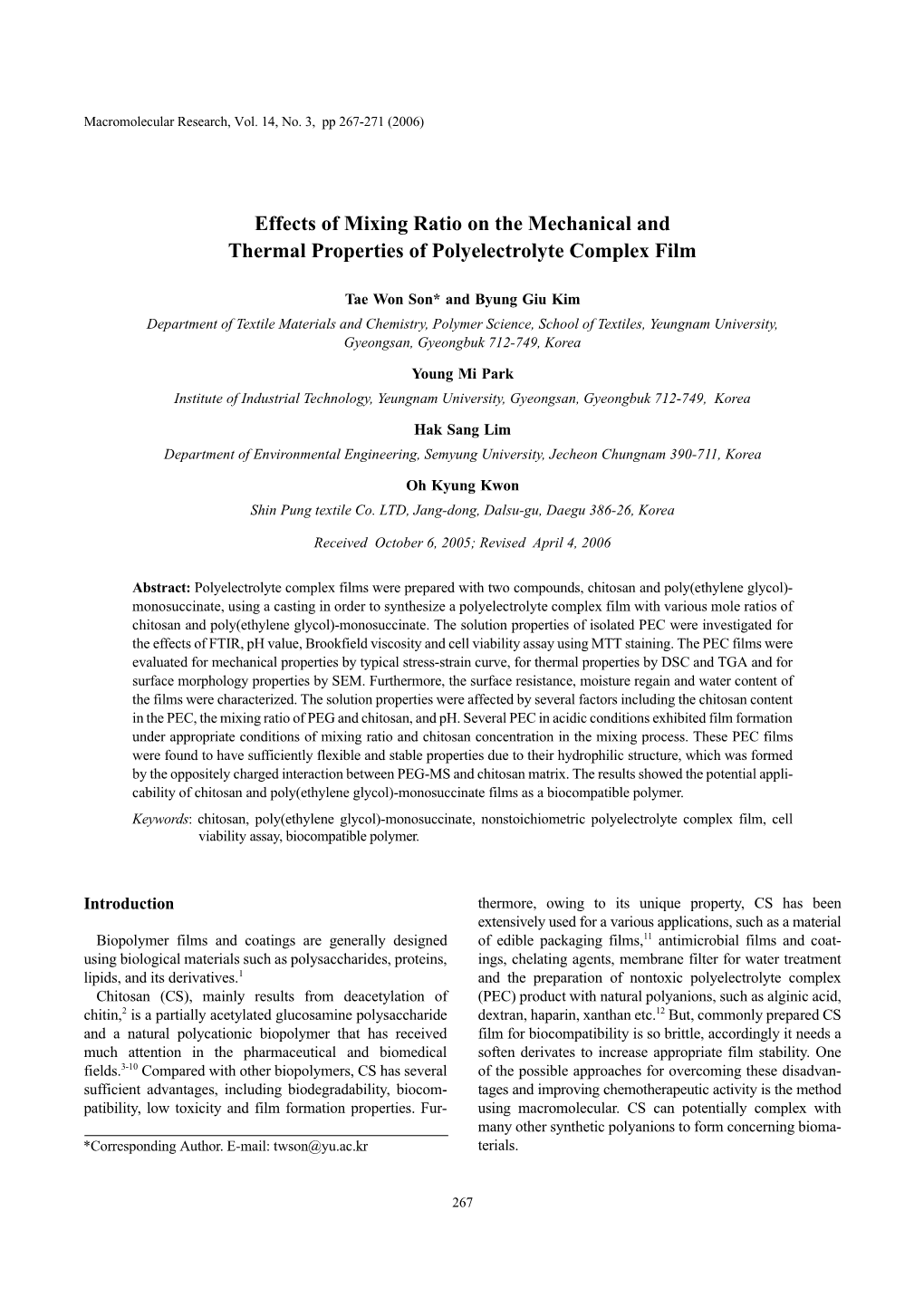 Effects of Mixing Ratio on the Mechanical and Thermal Properties of Polyelectrolyte Complex Film