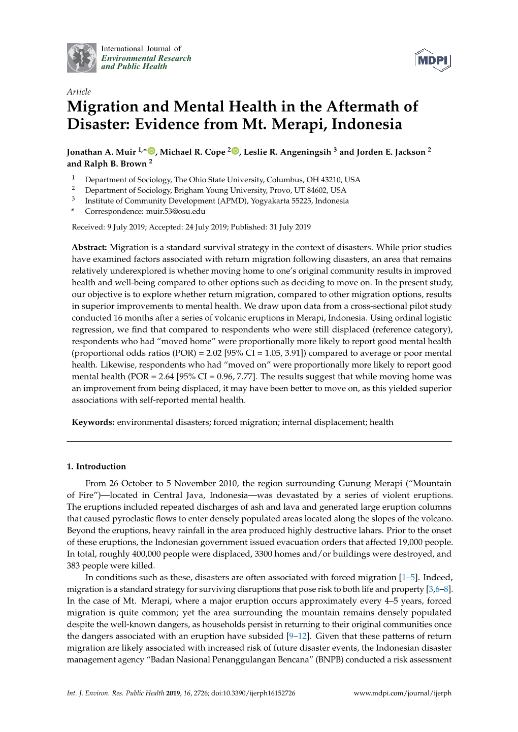 Migration and Mental Health in the Aftermath of Disaster: Evidence from Mt