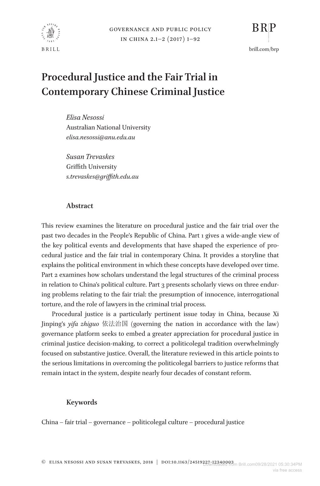 Procedural Justice and the Fair Trial in Contemporary Chinese Criminal Justice