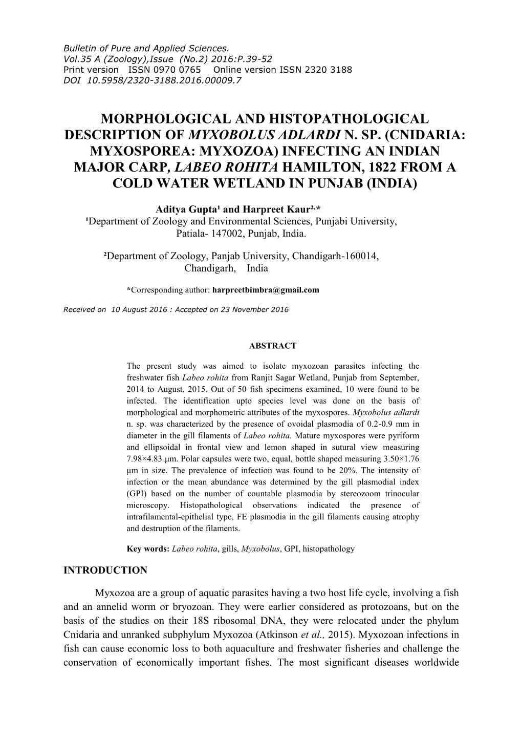 Morphological and Histopathological Description of Myxobolus Adlardi N