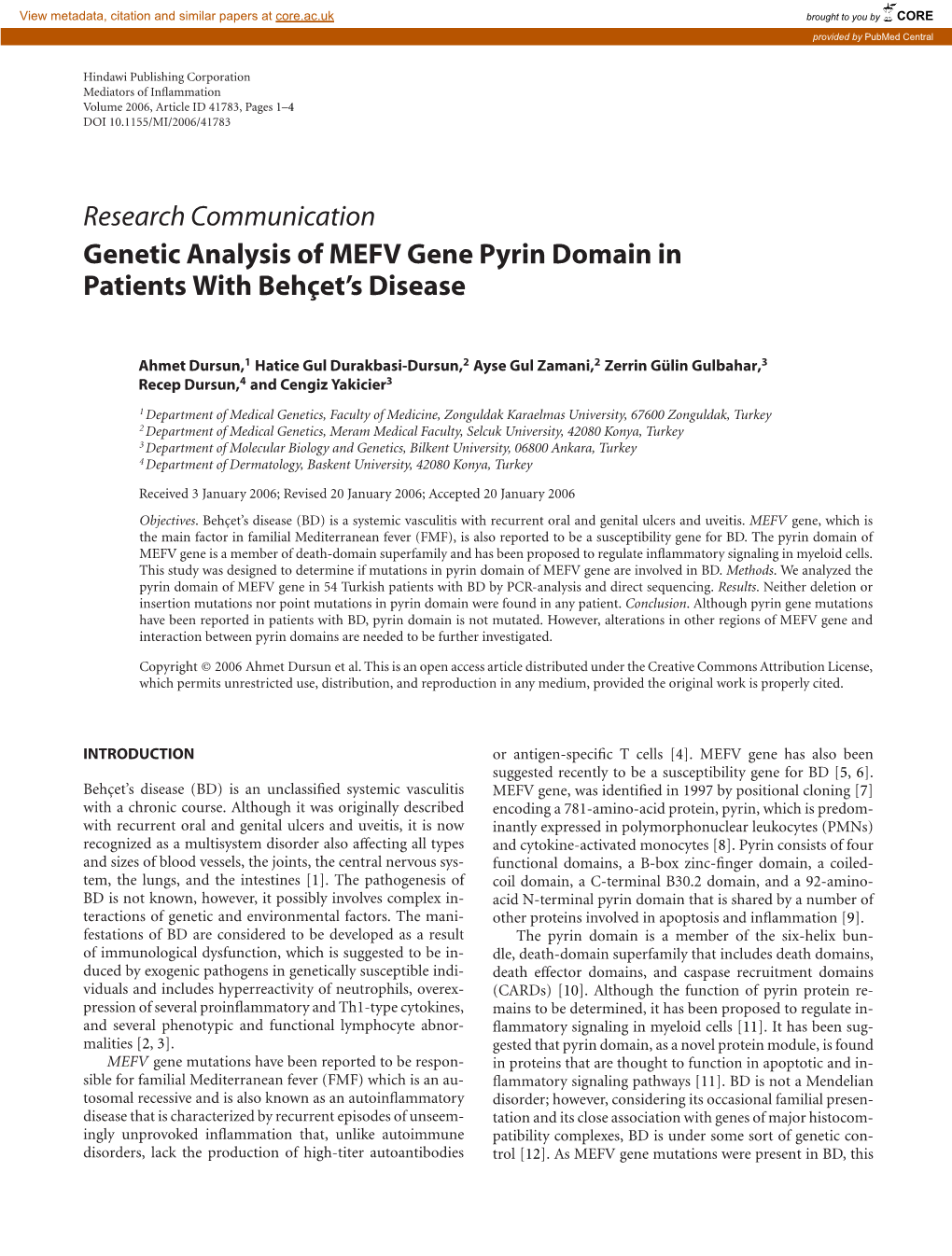 Genetic Analysis of MEFV Gene Pyrin Domain in Patients with Behçet's