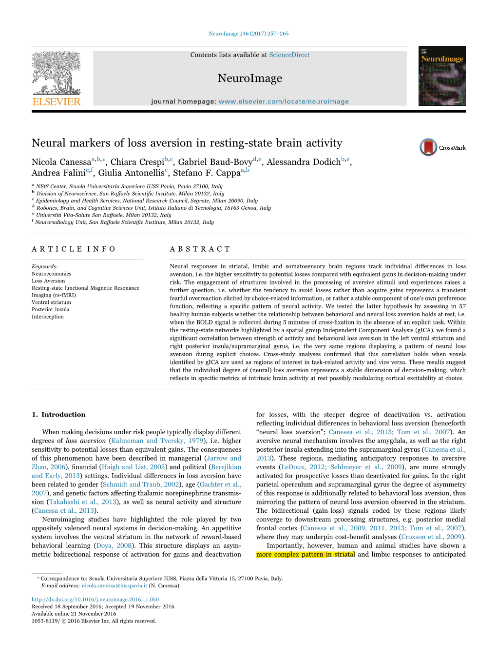 Neural Markers of Loss Aversion in Resting-State Brain Activity