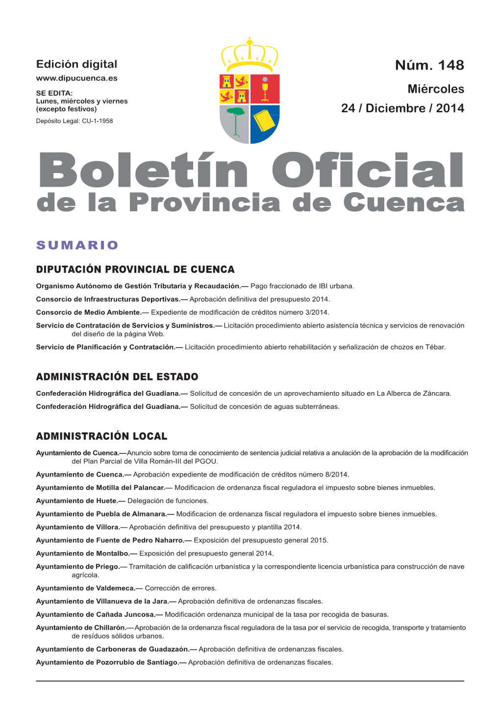 Boletín Oficial De La Provincia De Cuenca Sumario Diputación Provincial De Cuenca