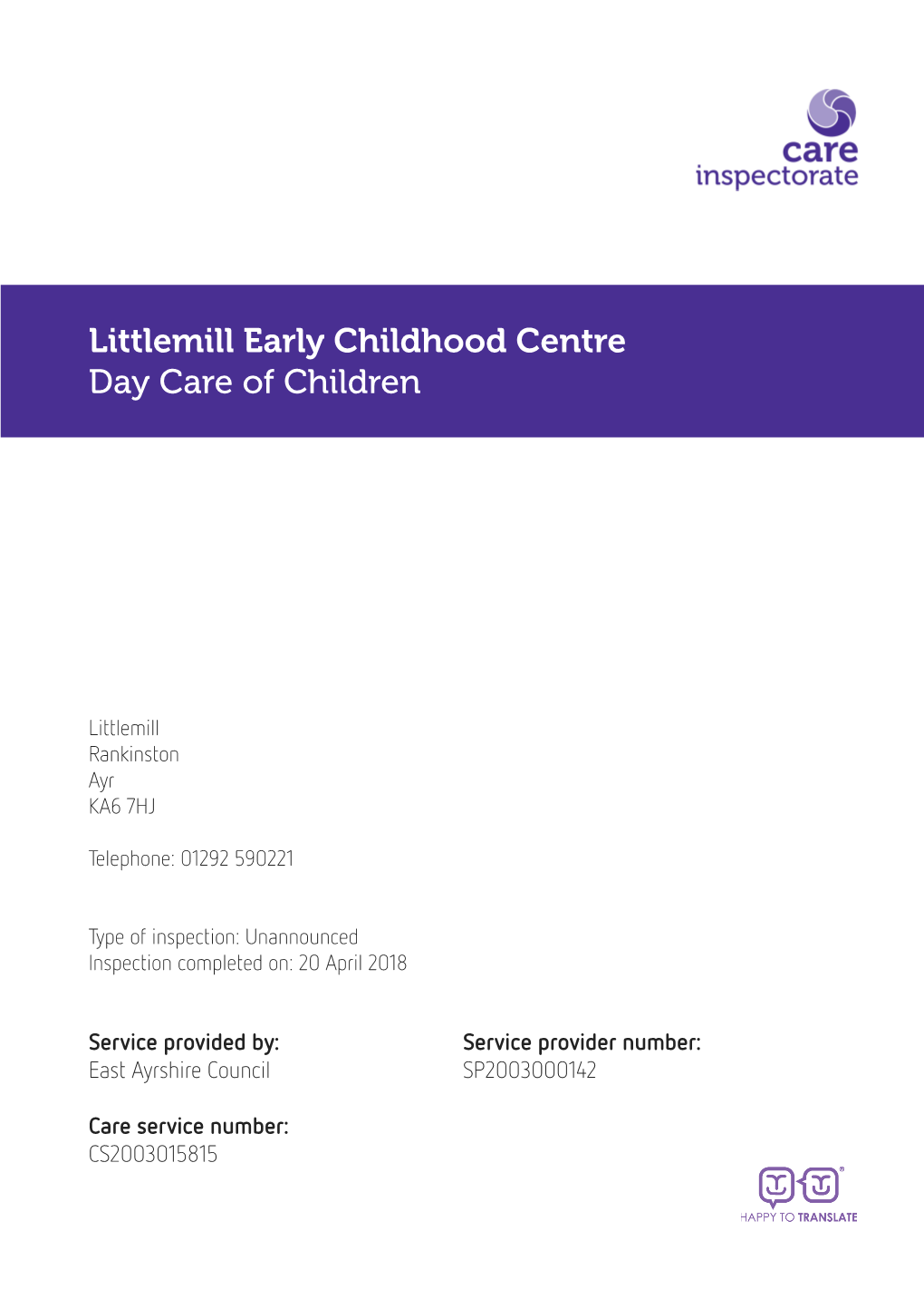 Littlemill Early Childhood Centre Day Care of Children