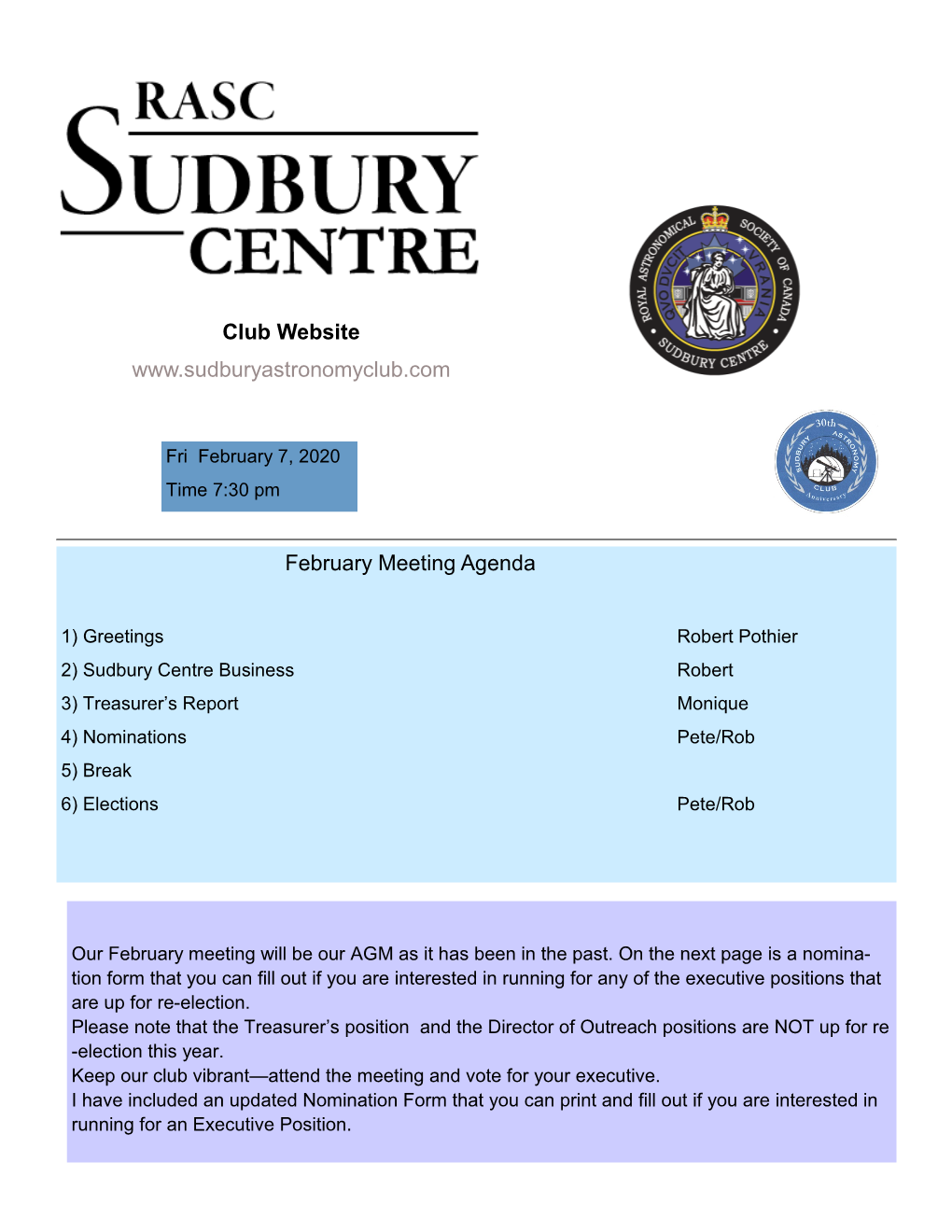 RASC – Sudbury Center Newsletter February 2020