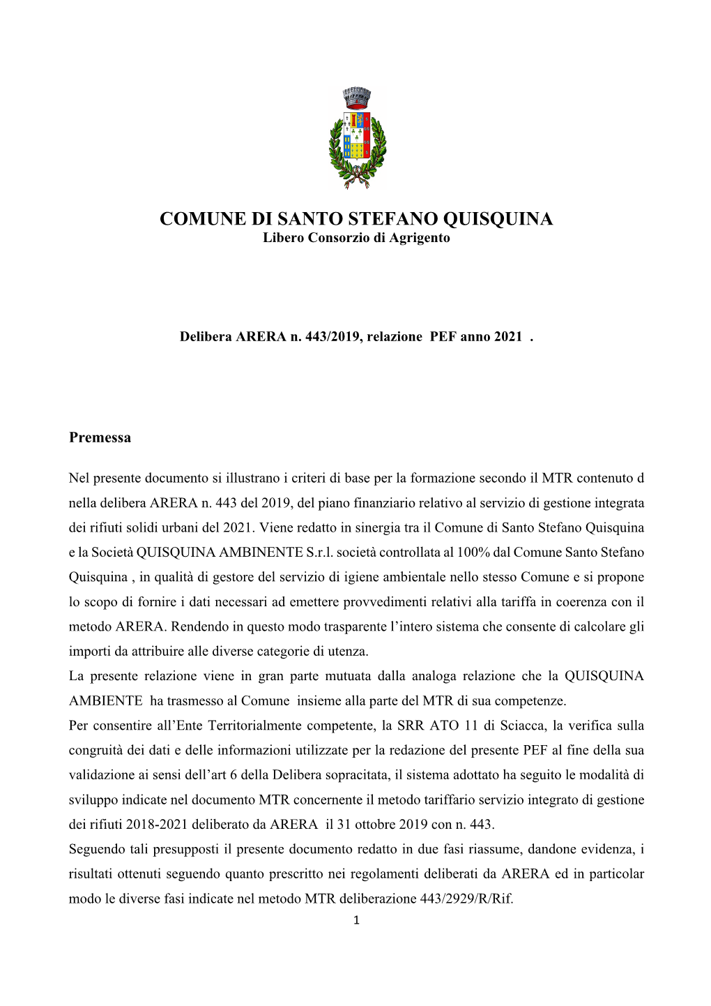 Relazione Del Comune PEF 2021