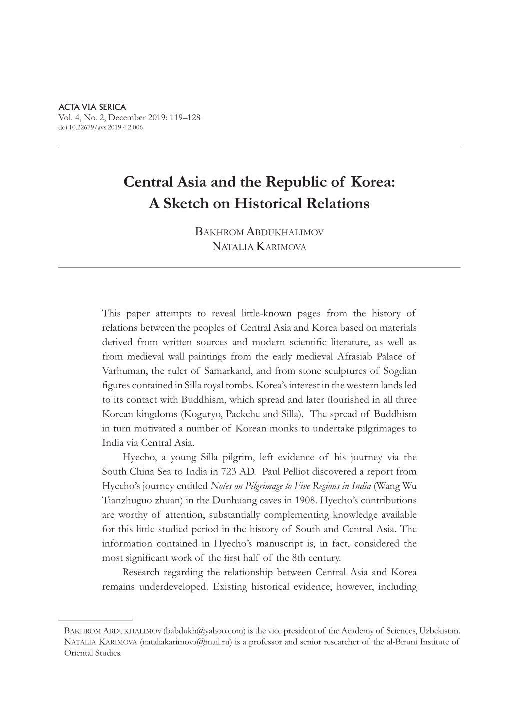 Central Asia and the Republic of Korea: a Sketch on Historical Relations