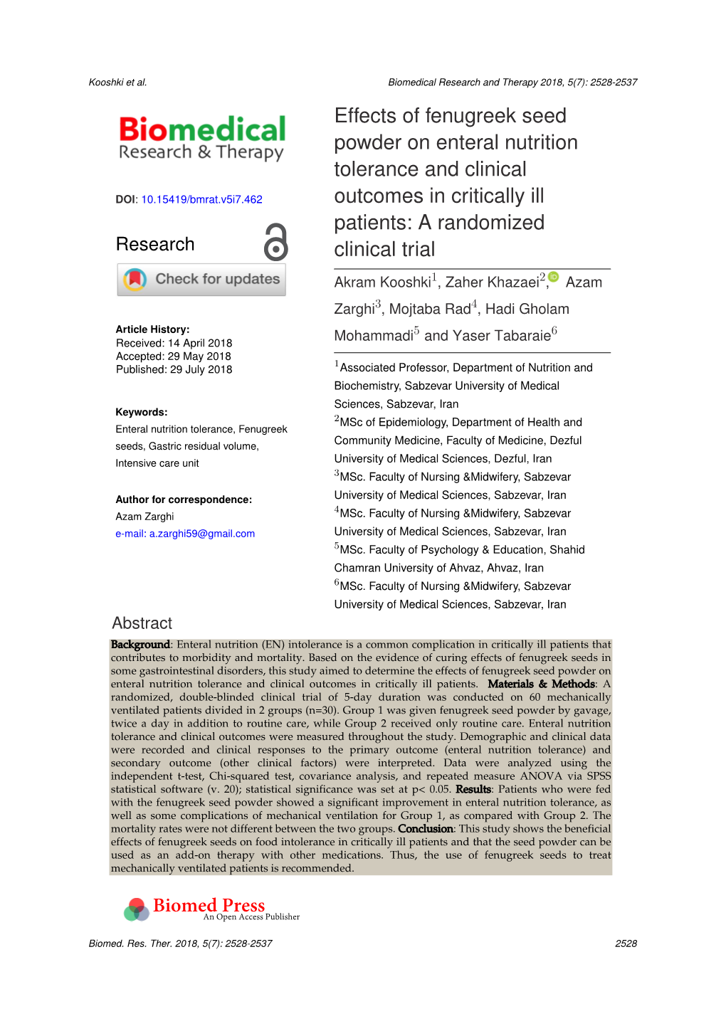 Effects of Fenugreek Seed Powder on Enteral Nutrition Tolerance and Clinical