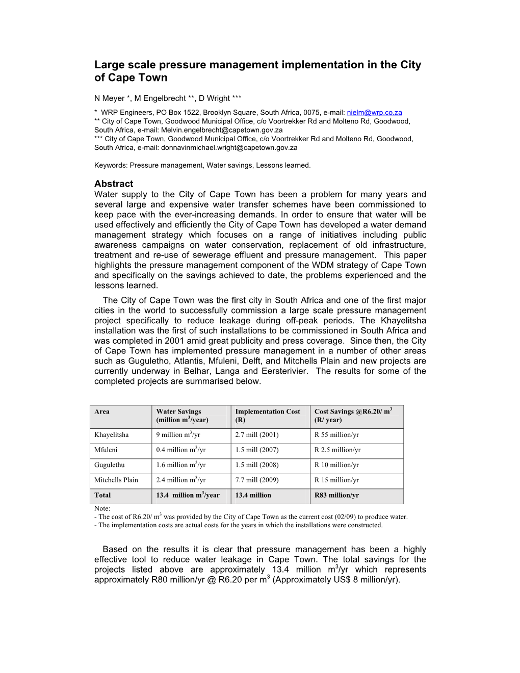 Large Scale Pressure Management Implementation in the City of Cape Town