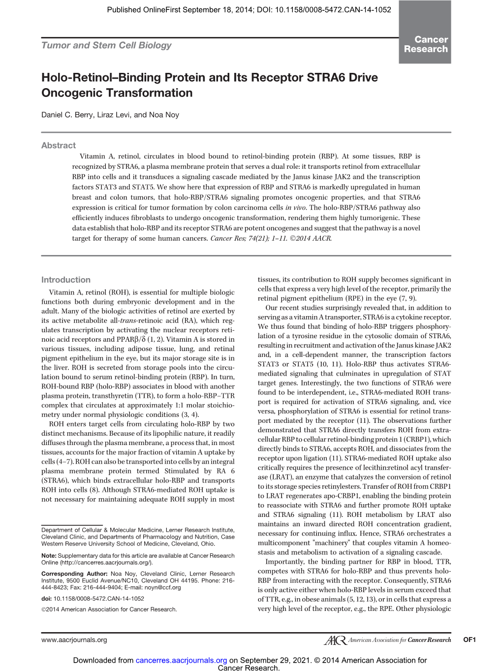 Holo-Retinol–Binding Protein and Its Receptor STRA6 Drive Oncogenic Transformation