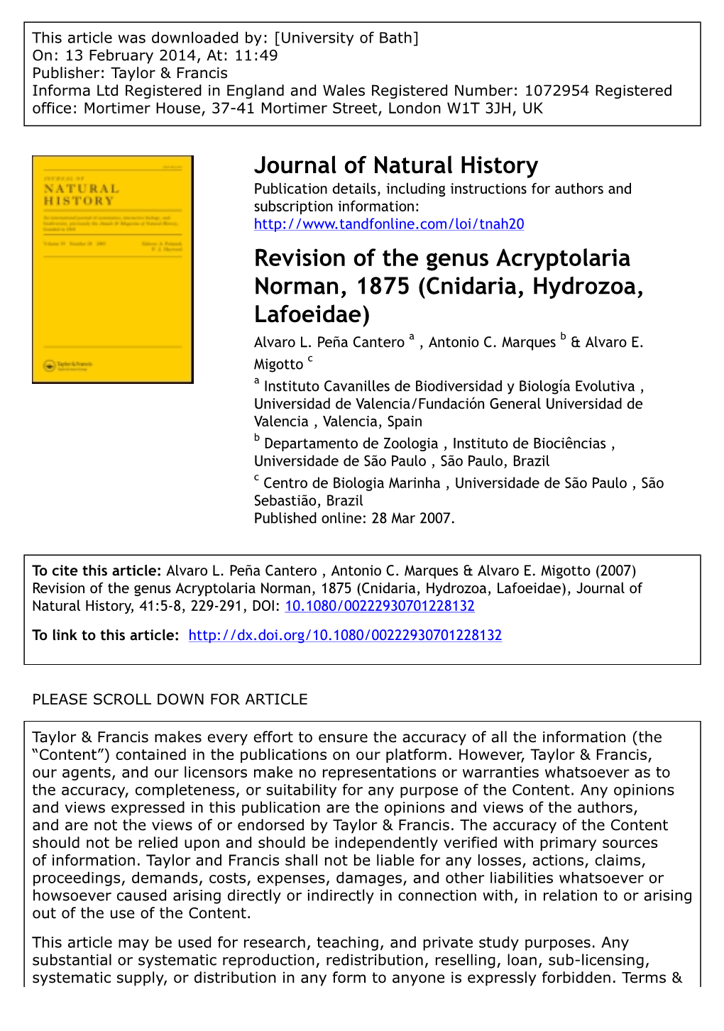 Journal of Natural History Revision of the Genus Acryptolaria Norman