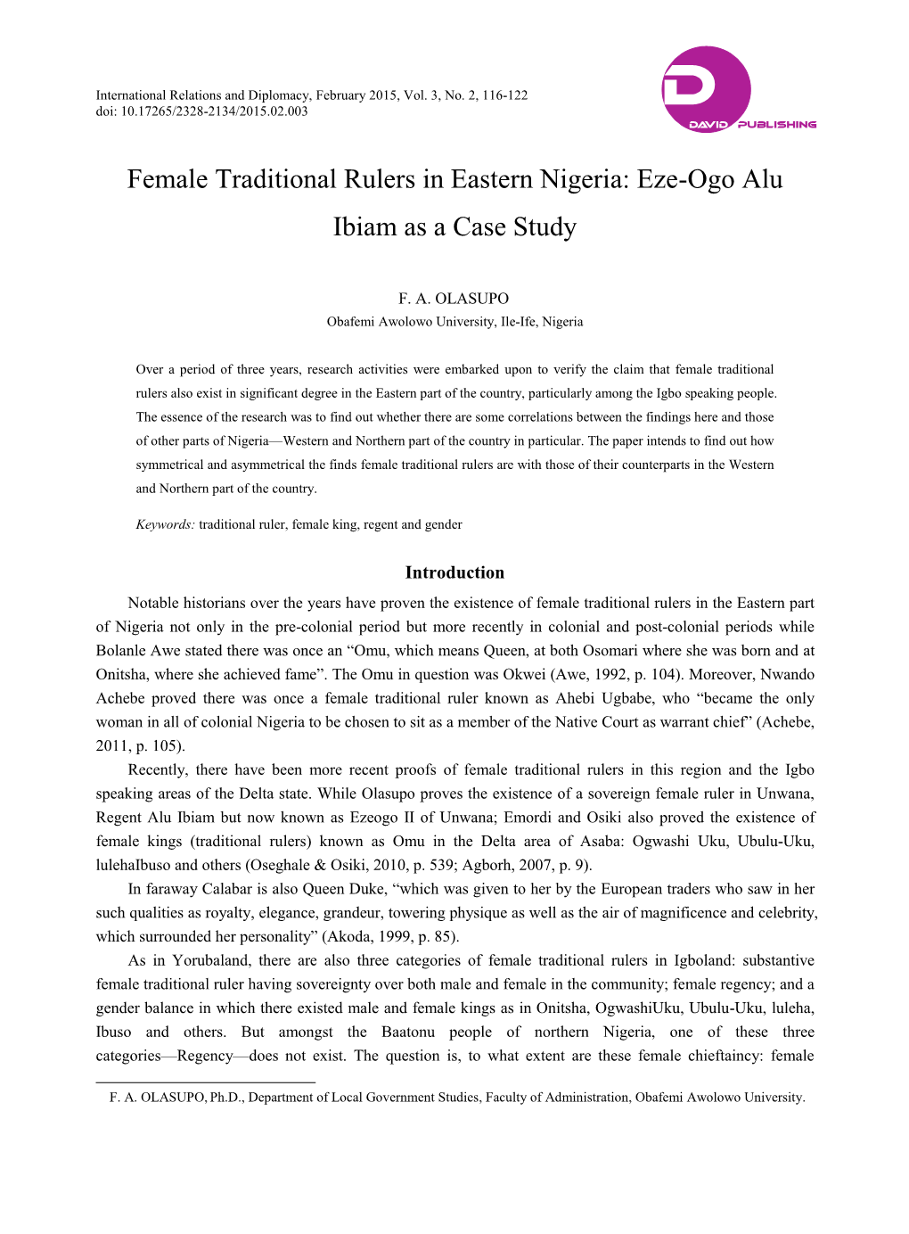 Female Traditional Rulers in Eastern Nigeria: Eze-Ogo Alu Ibiam As a Case Study