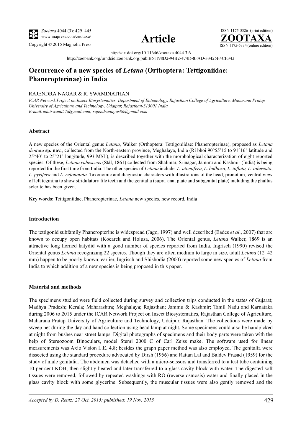 Occurrence of a New Species of Letana (Orthoptera: Tettigoniidae: Phaneropterinae) in India