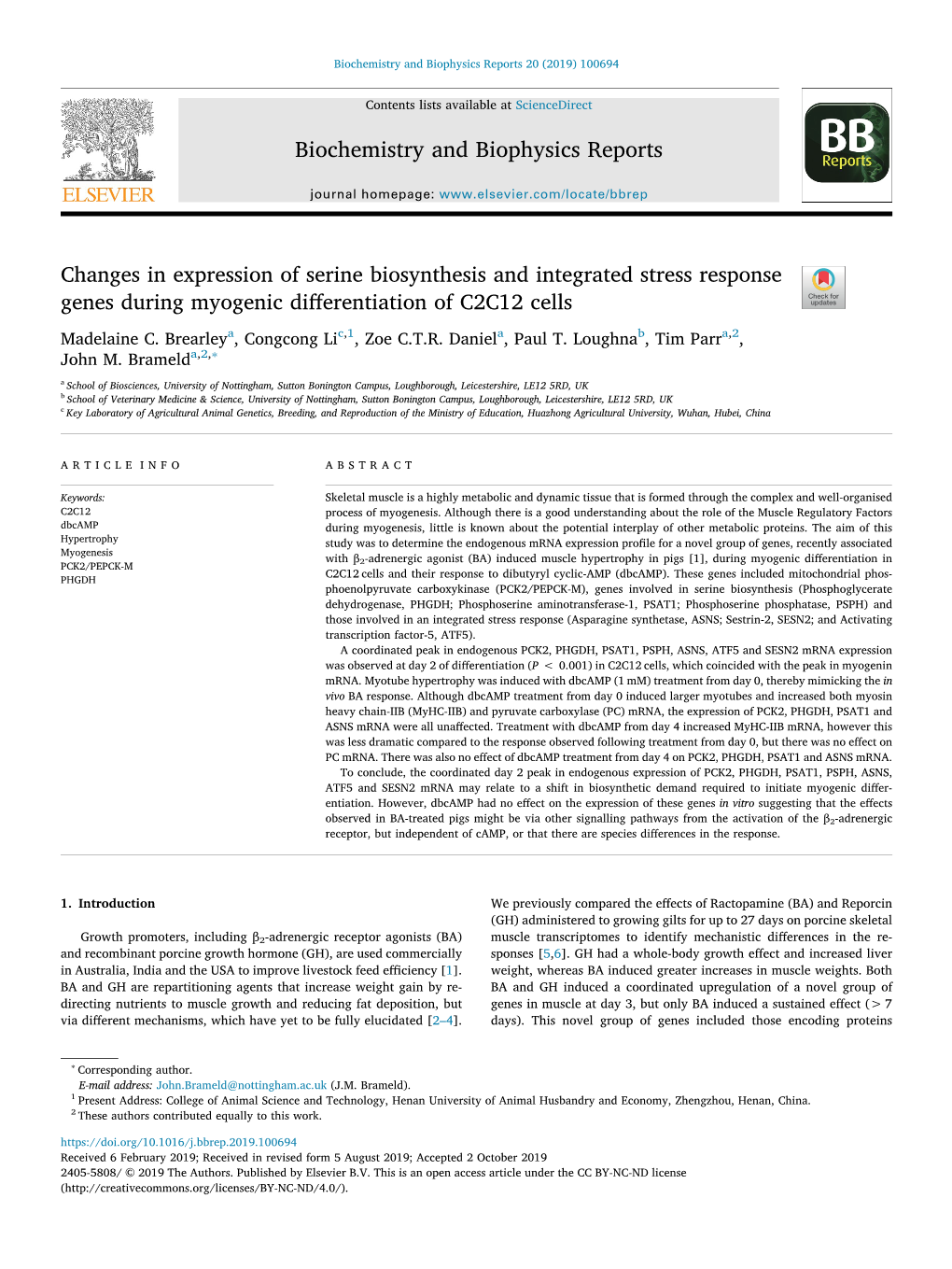 Changes in Expression of Serine Biosynthesis and Integrated Stress Response T Genes During Myogenic Differentiation of C2C12 Cells Madelaine C