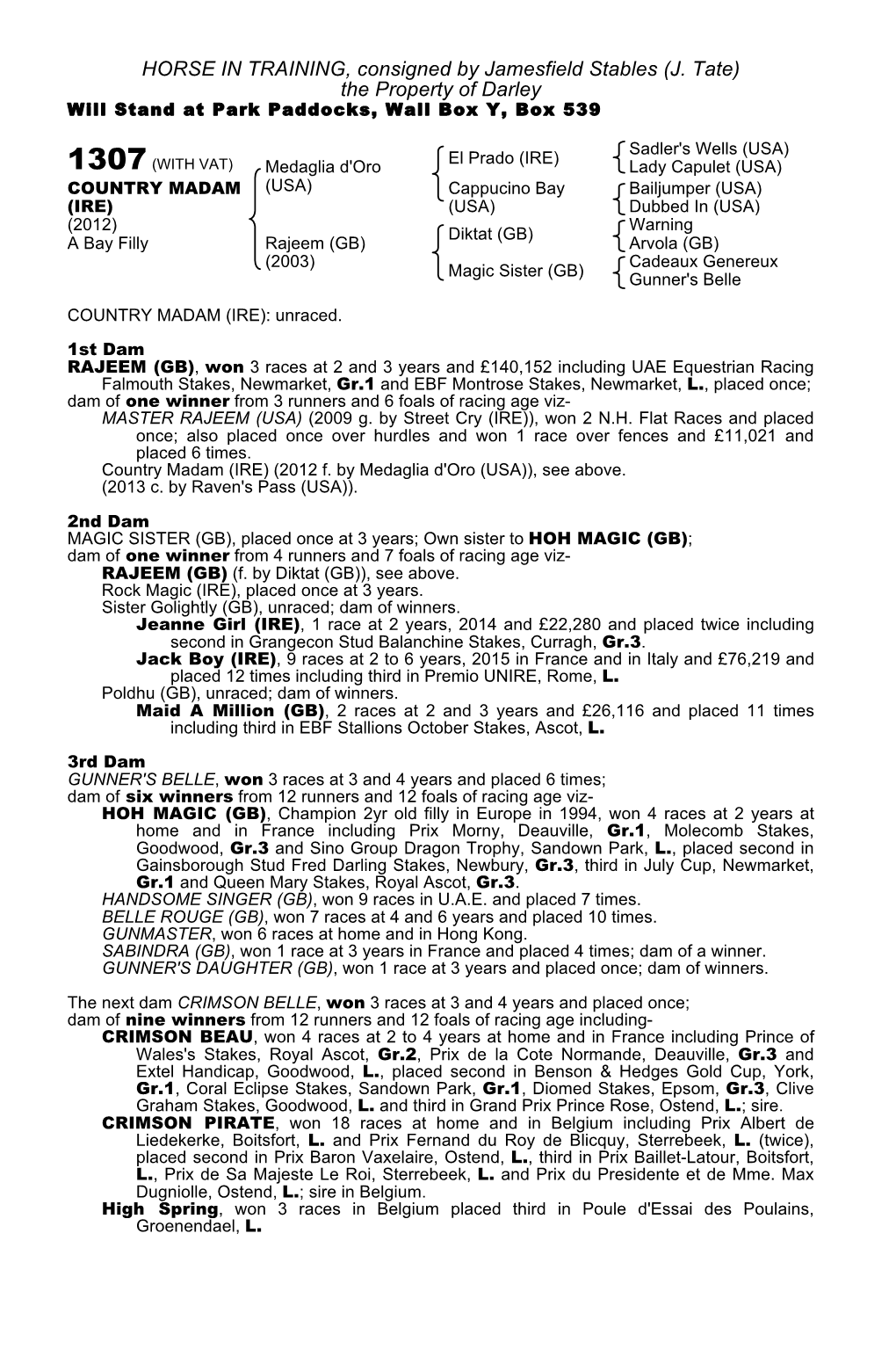 J. Tate) the Property of Darley Will Stand at Park Paddocks, Wall Box Y, Box 539