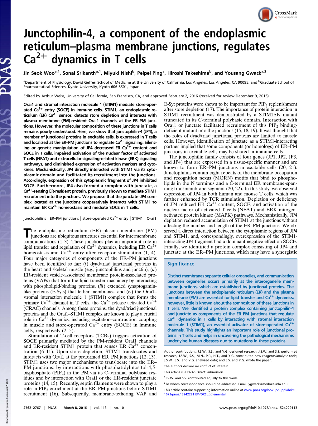 Junctophilin-4, a Component of the Endoplasmic Reticulum–Plasma Membrane Junctions, Regulates + Ca2 Dynamics in T Cells