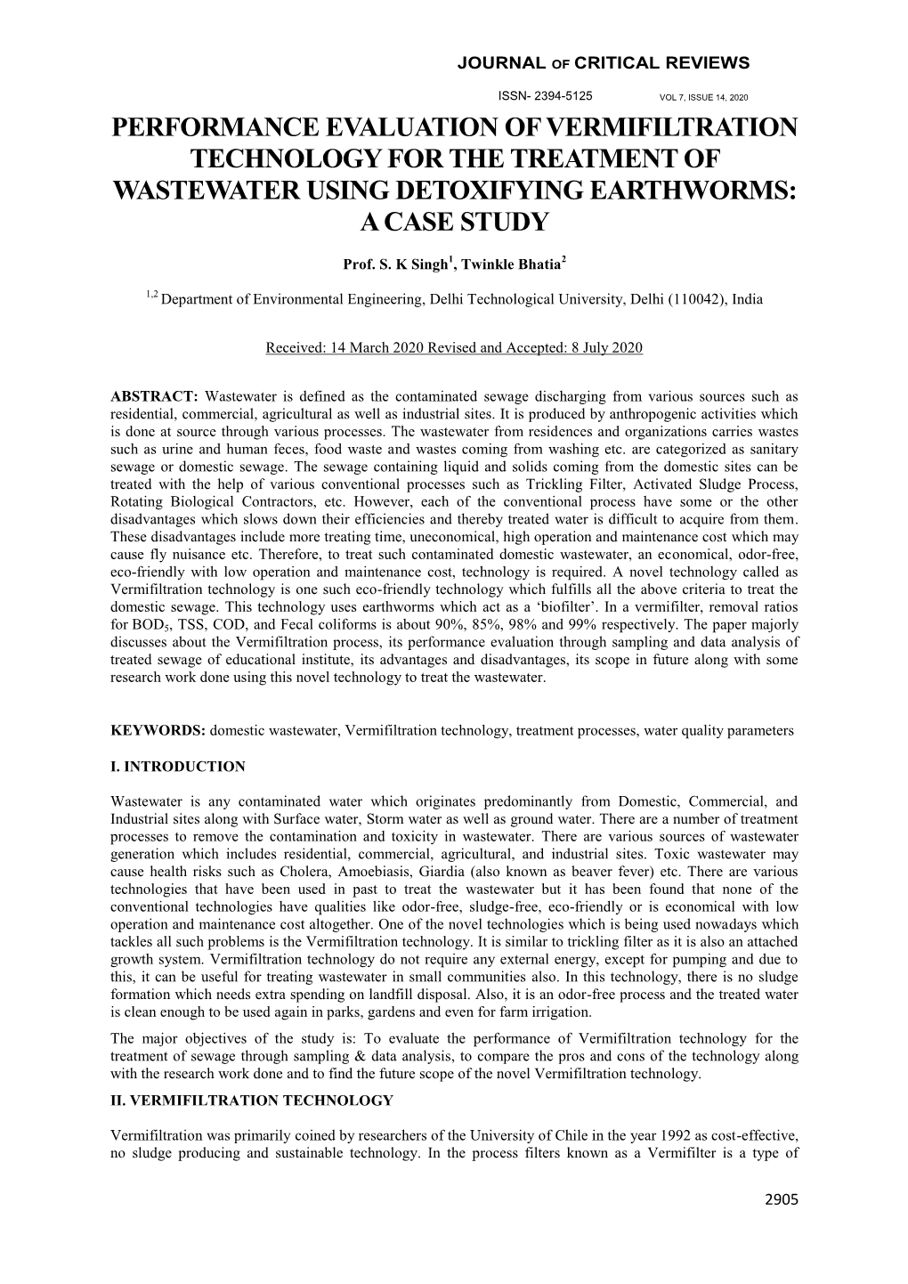 Performance Evaluation of Vermifiltration Technology for the Treatment of Wastewater Using Detoxifying Earthworms: a Case Study