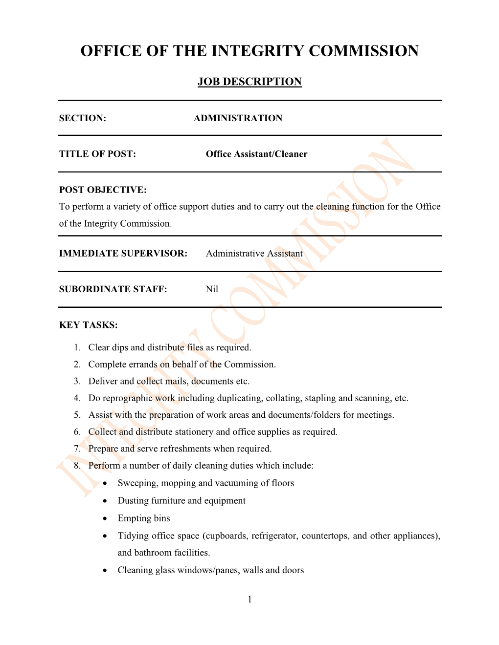 Job Description – Office Assistant/Cleaner