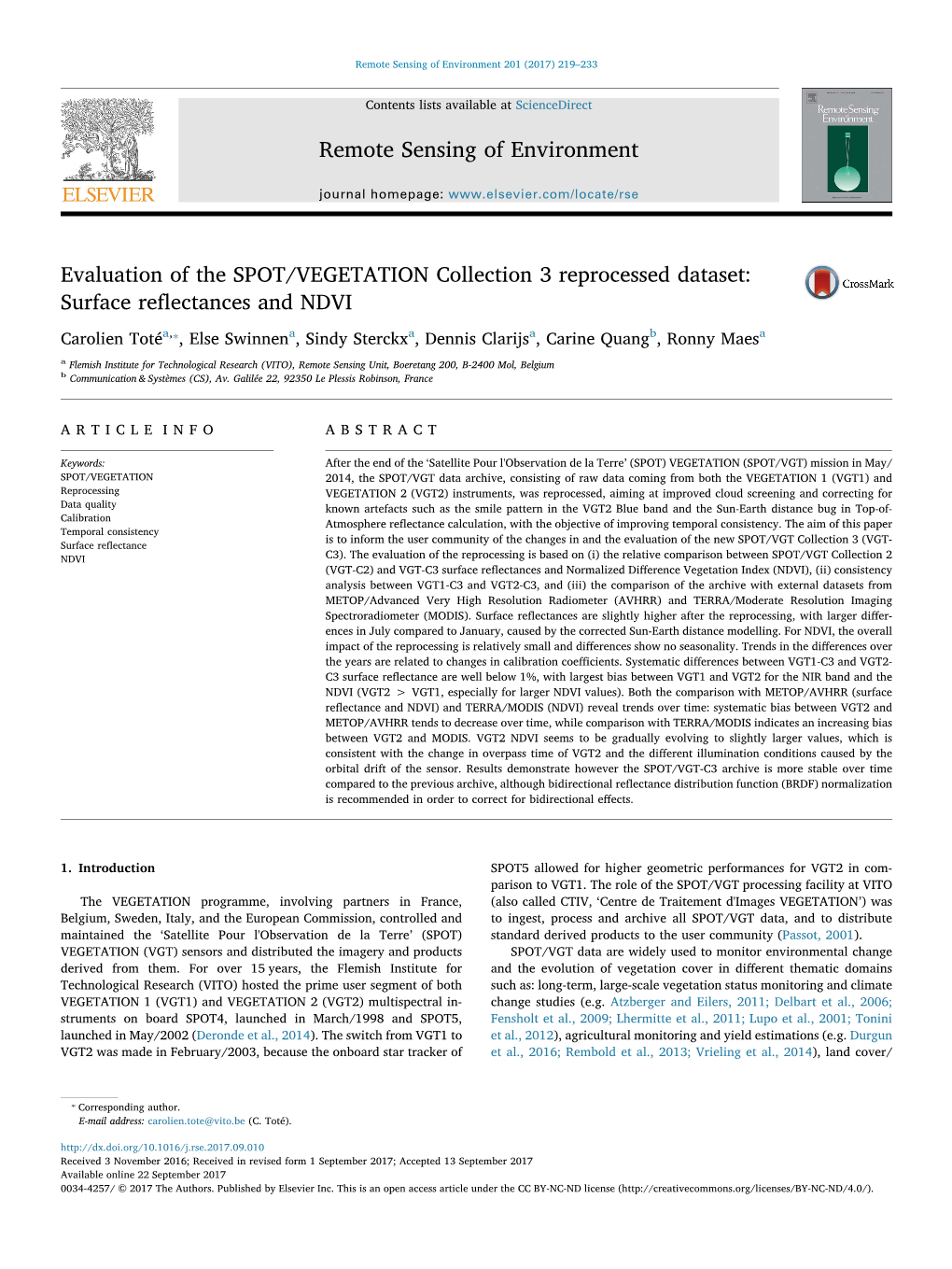 Evaluation of the SPOT/VEGETATION Collection 3 Reprocessed Dataset: MARK Surface Reﬂectances and NDVI