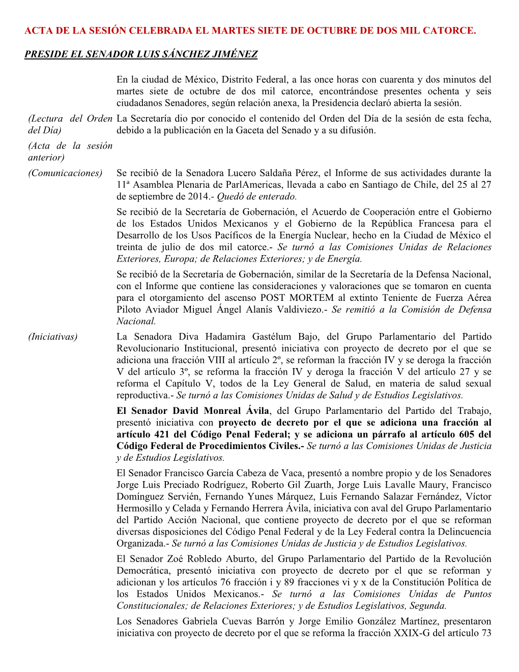 Acta De La Sesión Celebrada El Martes Siete De Octubre De Dos Mil Catorce