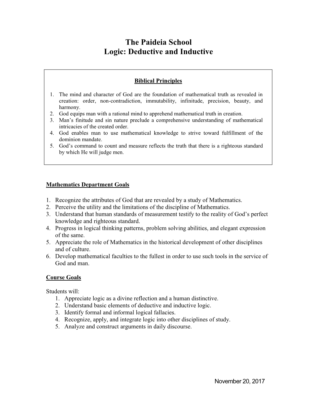 The Paideia School Logic: Deductive and Inductive