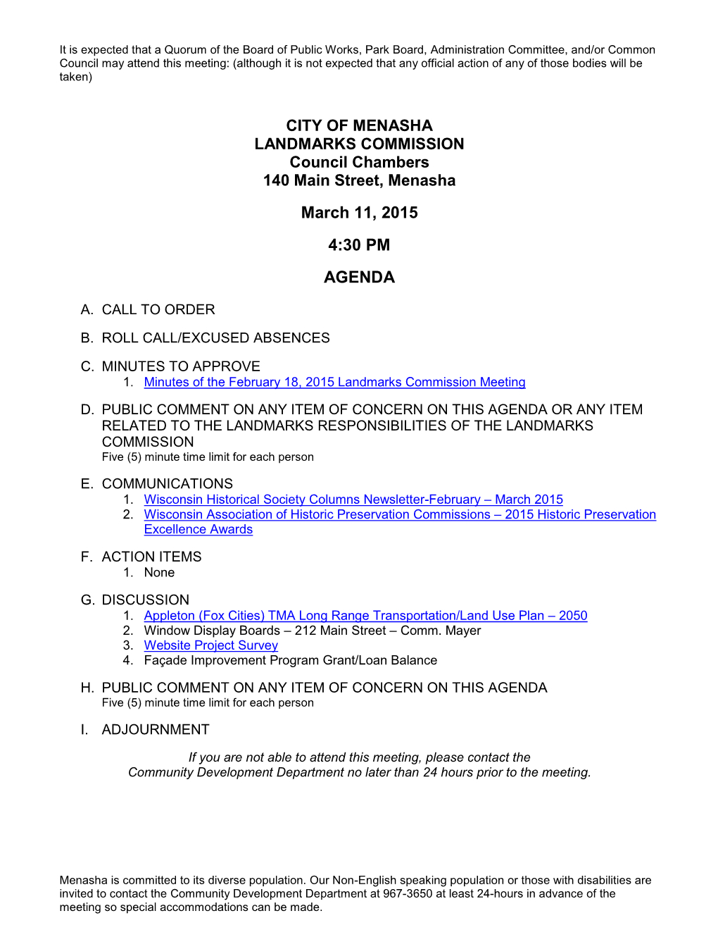 CITY of MENASHA LANDMARKS COMMISSION Council Chambers 140 Main Street, Menasha