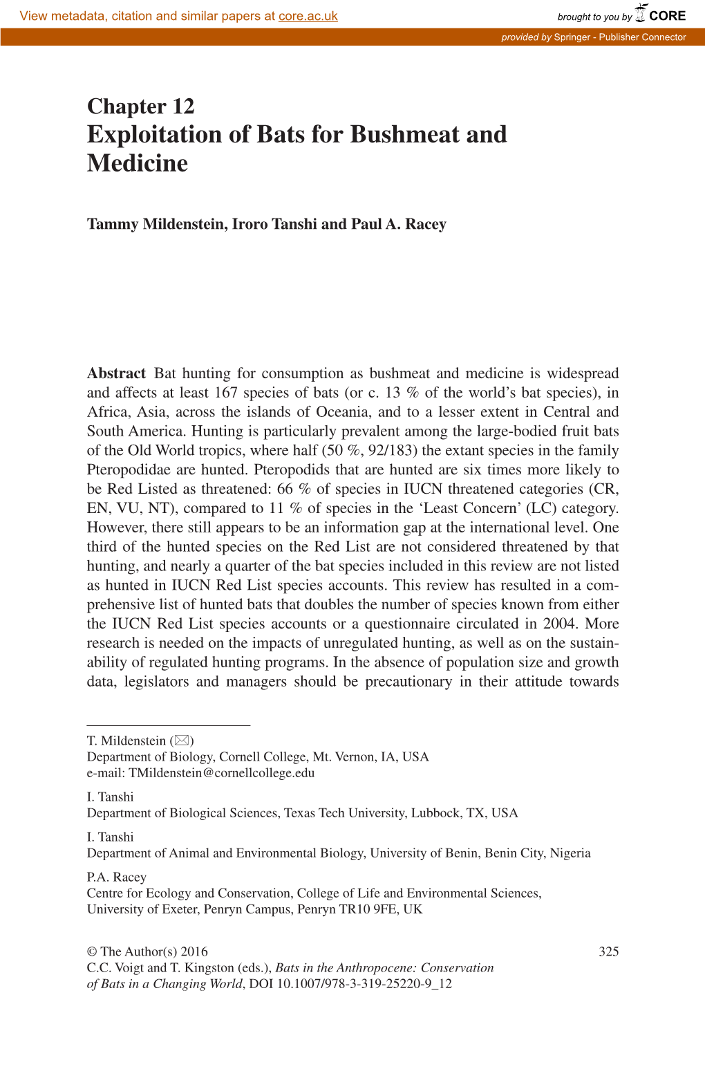 Exploitation of Bats for Bushmeat and Medicine