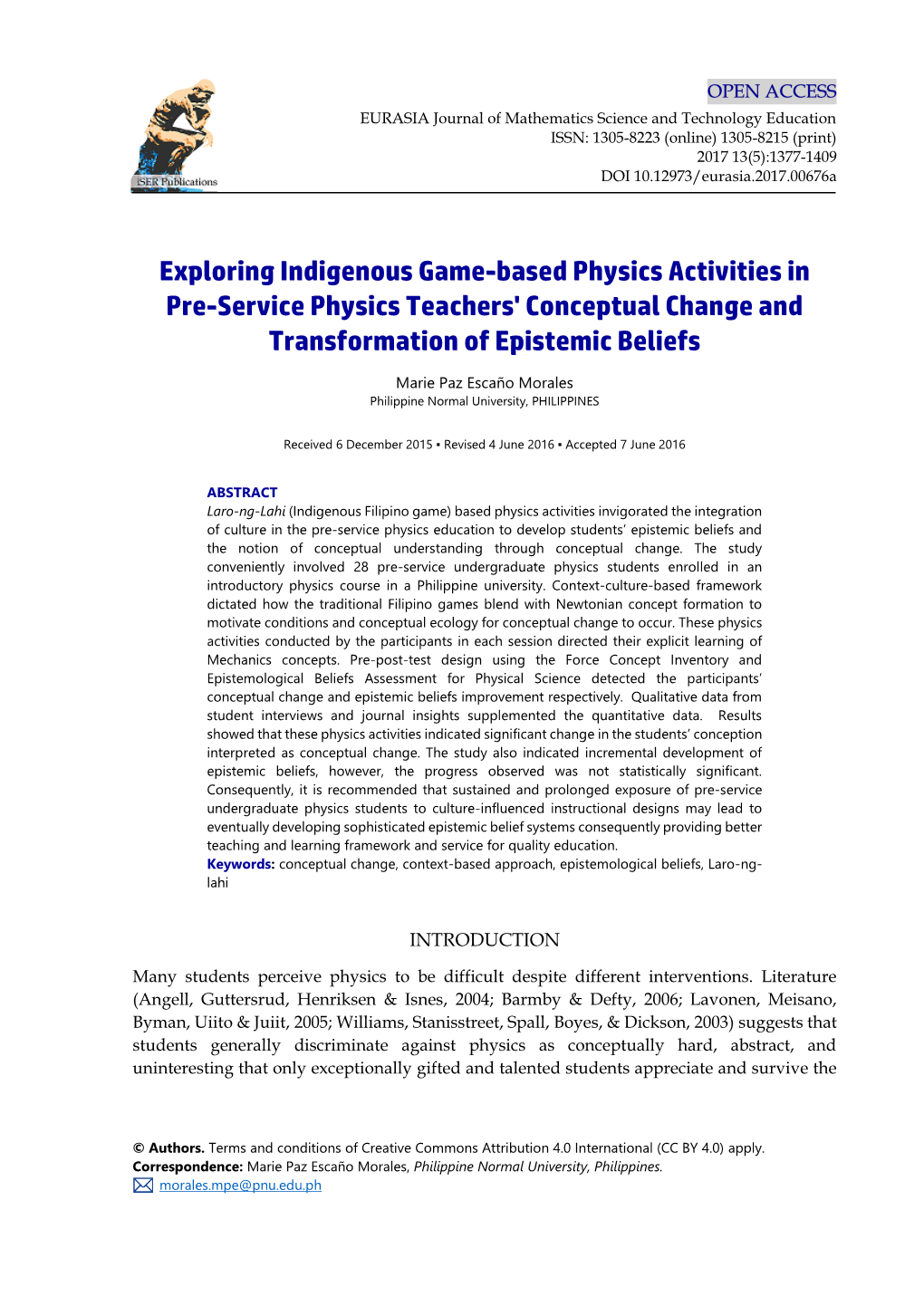 Exploring Indigenous Game-Based Physics Activities in Pre-Service Physics Teachers' Conceptual Change and Transformation of Epistemic Beliefs
