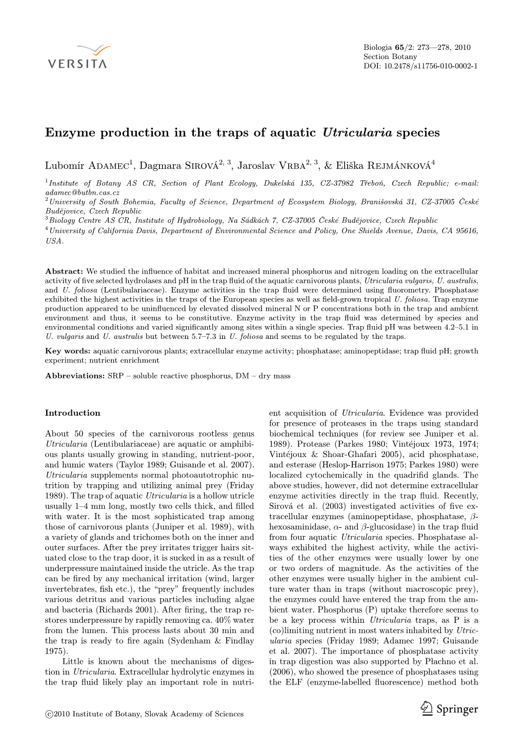 Enzyme Production in the Traps of Aquatic Utricularia Species