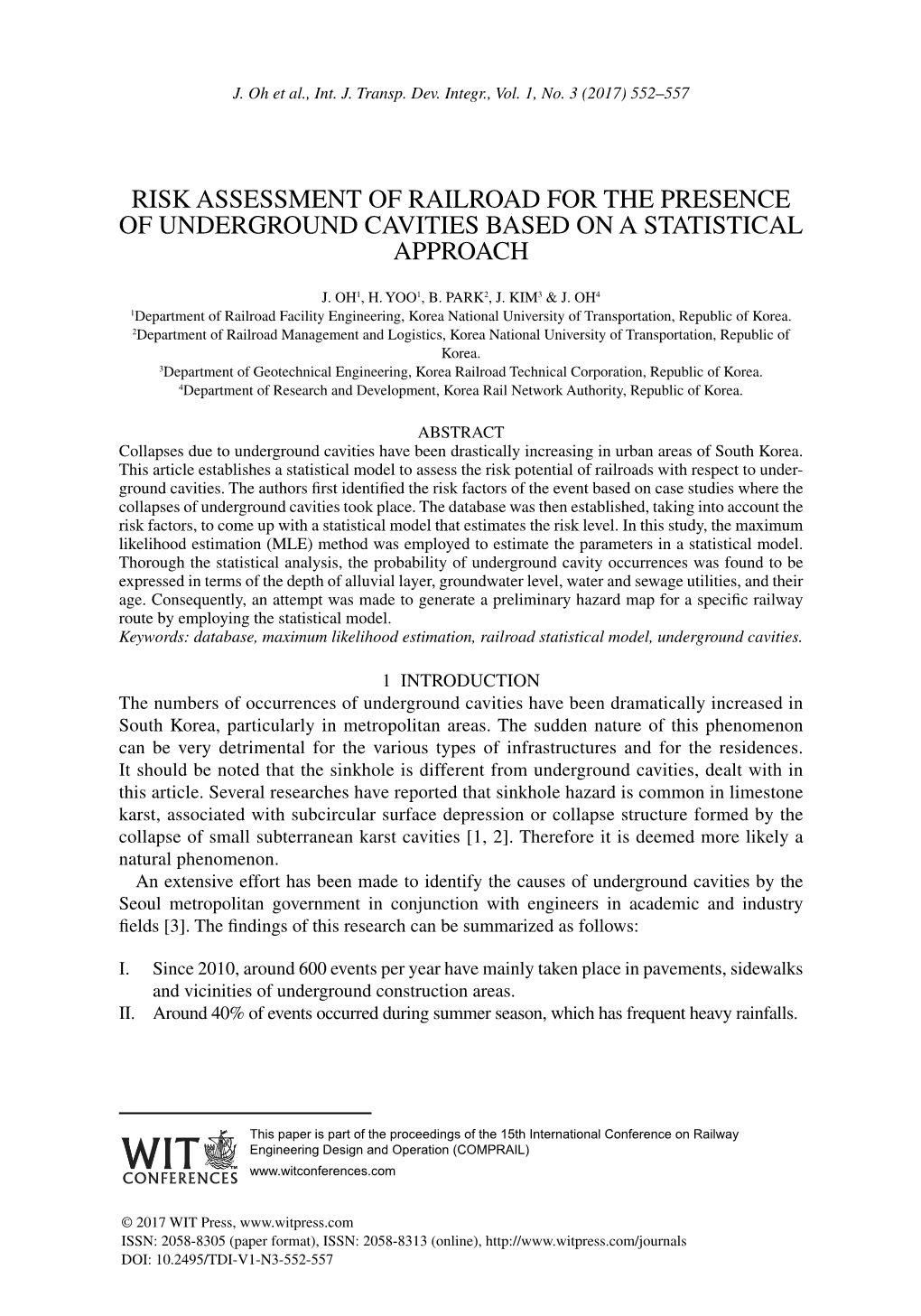 Risk Assessment of Railroad for the Presence of Underground Cavities Based on a Statistical Approach