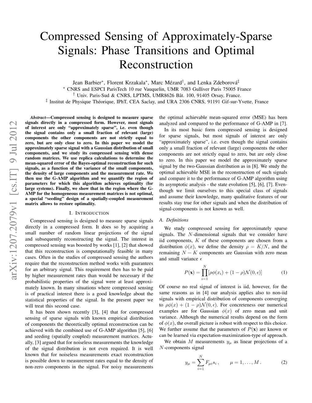 Compressed Sensing of Approximately-Sparse Signals: Phase Transitions and Optimal Reconstruction